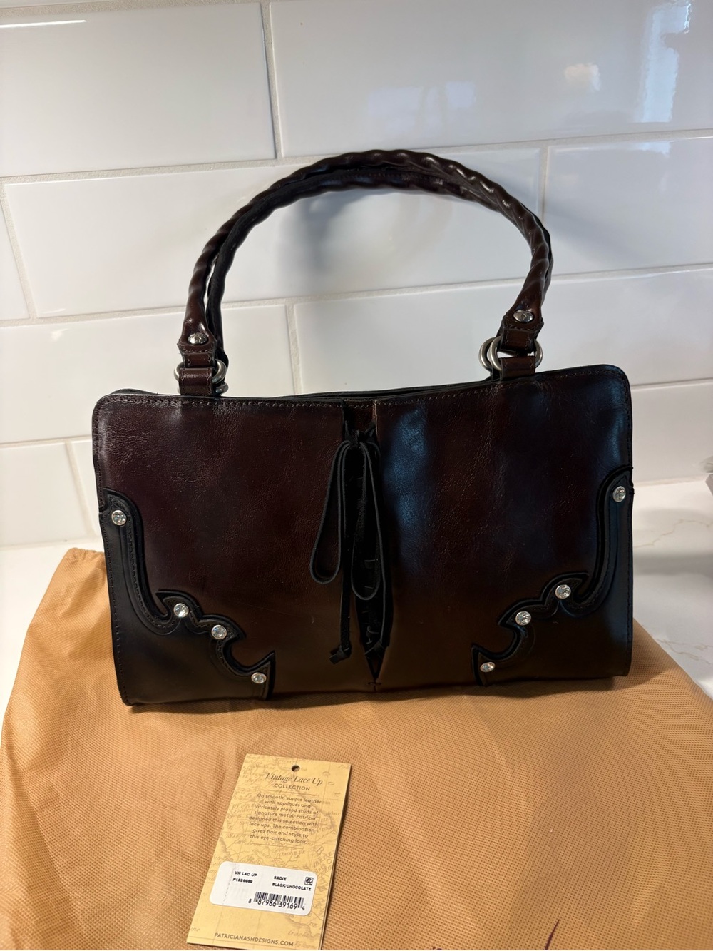 Patricia Nash Vintage Lace Up Collection Sadie Blk/Brn Leather Satchel